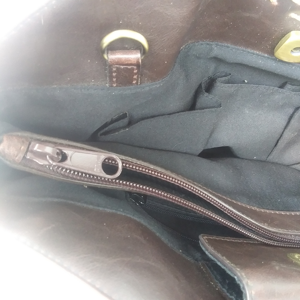 Vintage Liz Claiborne Crazy Horse  Round Handle Faux Leather Bag, Dark Brown - Picture 6 of 15